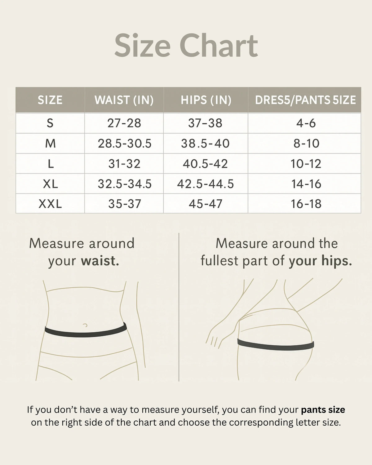 Size guide for the Tuck-N-Lift Seamless Slip Short