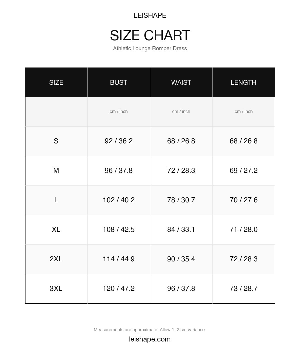 Size guide for this product